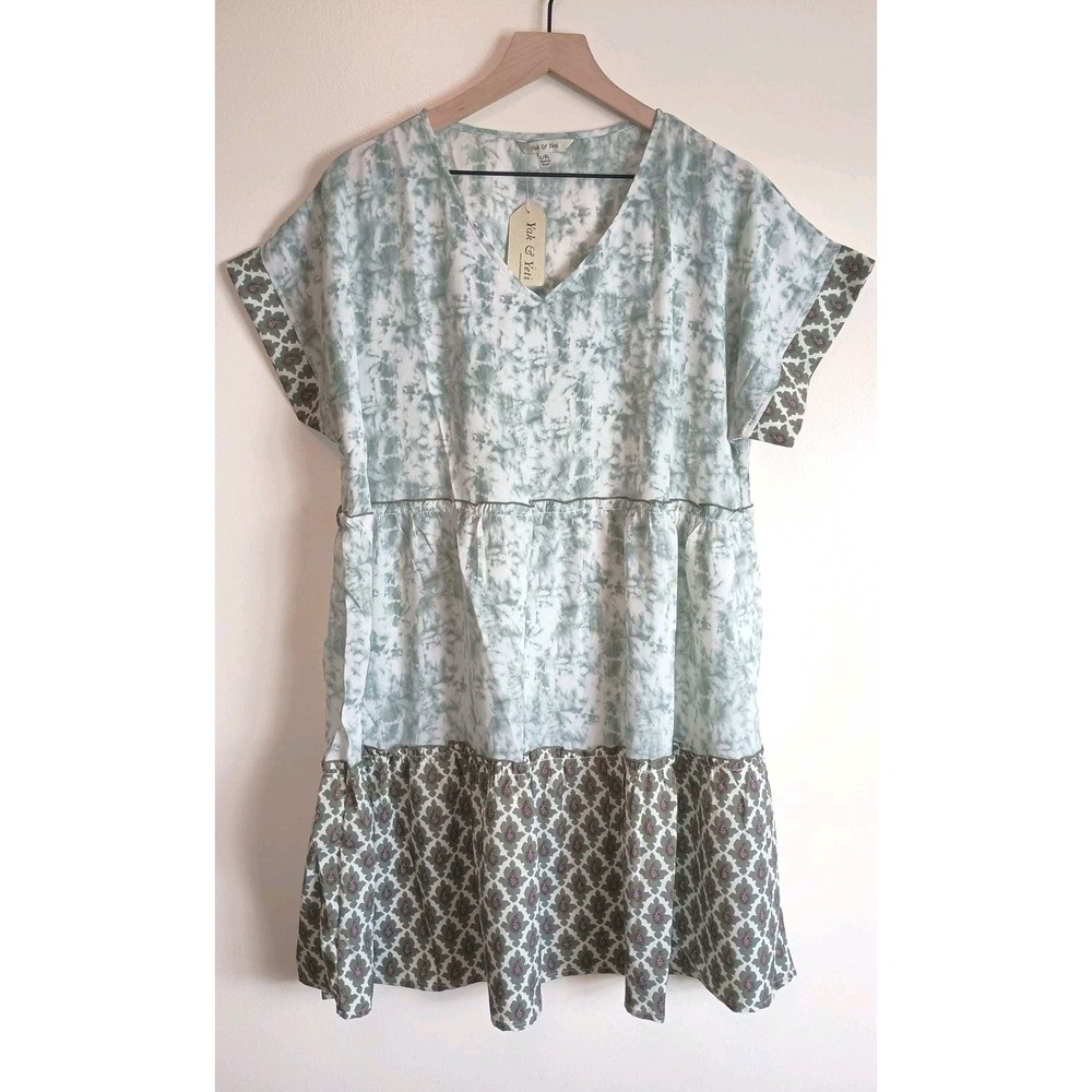 NWT Yak & Yeti Sage Green Tie Dye Paisley Tiered Dress V Neck L XL Knee Length